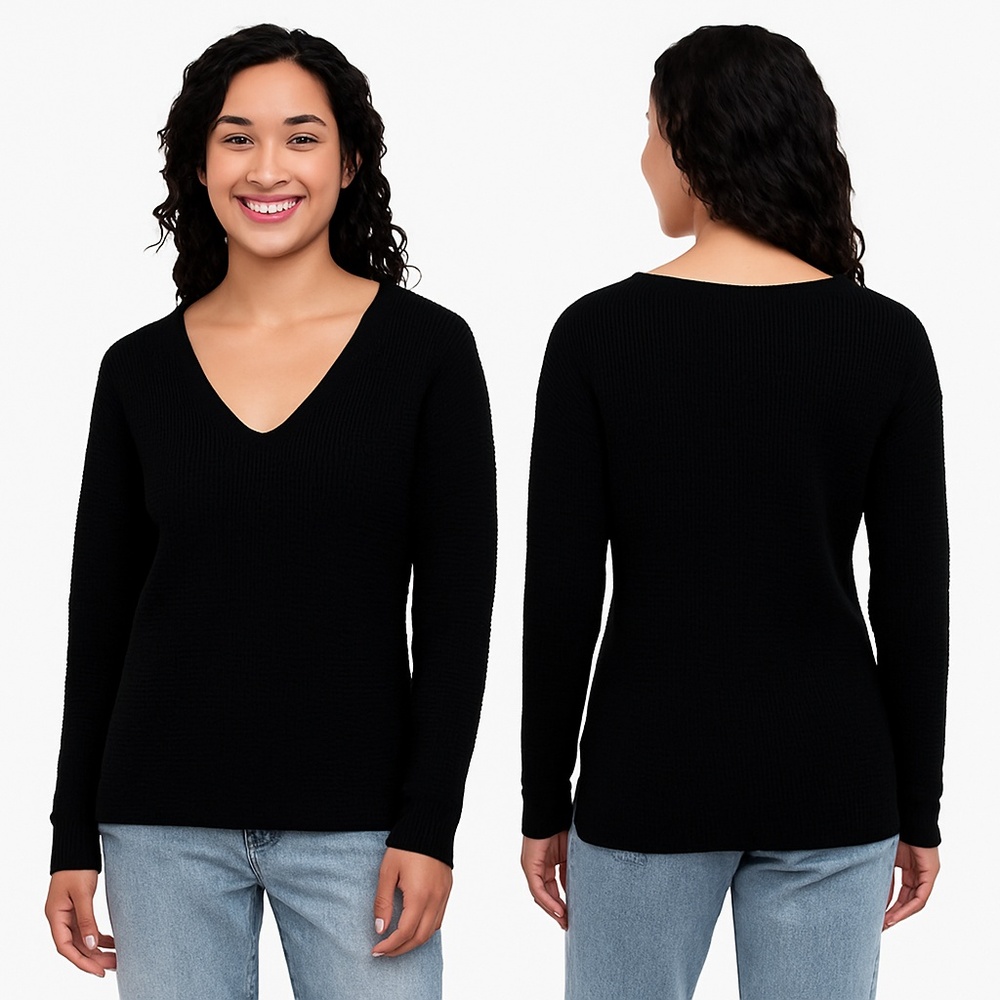 NWT Kersh Waffle Knit V-Neck Sweater Black XL